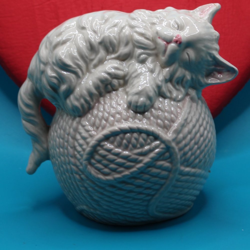 Vintage Kitty Bank with White cat on a light blue yarn ball Signed Preowned